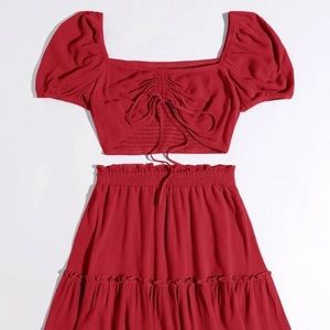 Drawstring Knot Runched Front Top & Frill Skirt